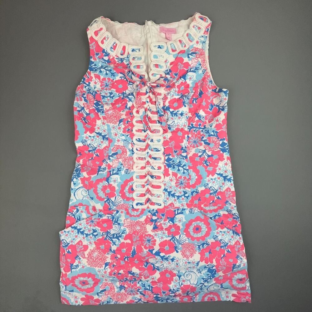 Lilly Pulitzer Floral Shift Dress 8 Pink Blue Crochet Trim Resort Preppy
